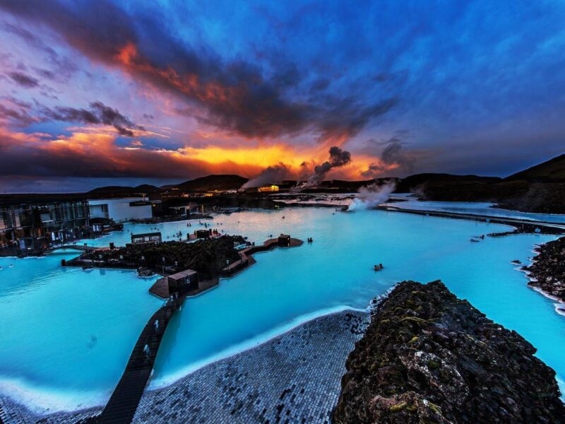 sunset at the Blue Lagoon in Iceland