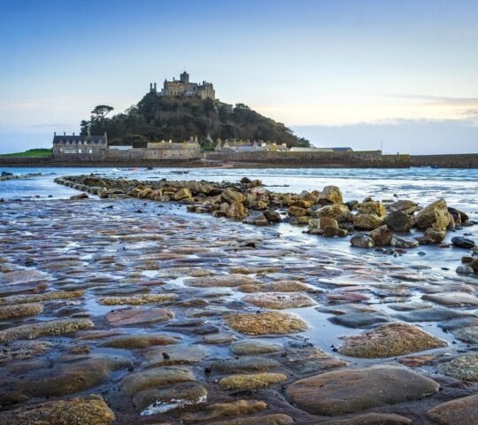 Close up view of the tidal causeway leading to St Michael's Mount