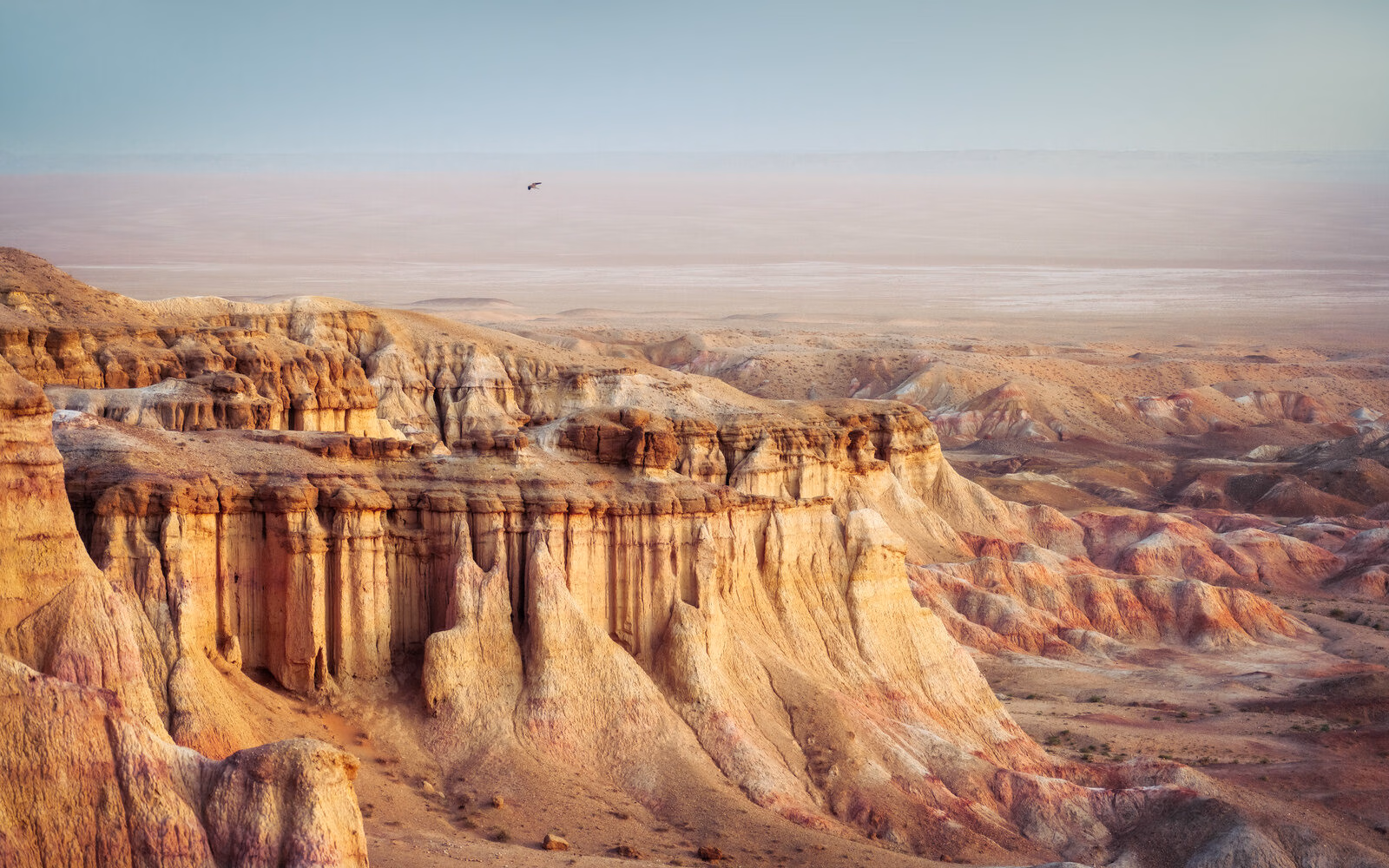 The golden cliffs of the Gobi Desert in Central Mongolia.