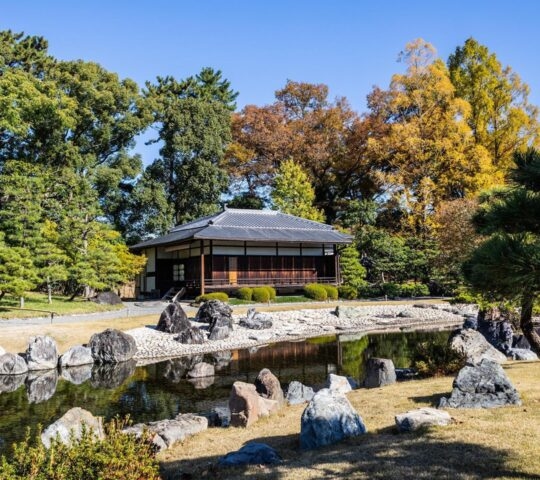 The tea house in the Seiryu-en garden of Nijo Castel in Kyoto, Japan in daylight.