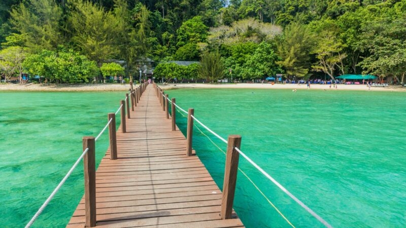 Wooden pier at Gaya Island in Tunku Abdul Rahman National Park Sabah Malaysia