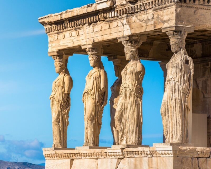 Close up view of the Karyatides statues in the Acropolis