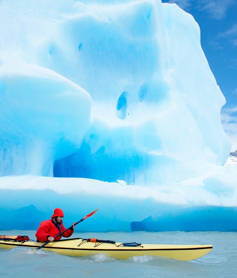 The floating icebergs of Lago Gray in Torres del Paine National Park, Chile, and the beautiful setting of Shinta Mani Mustang in Nepal’s Himalayas.