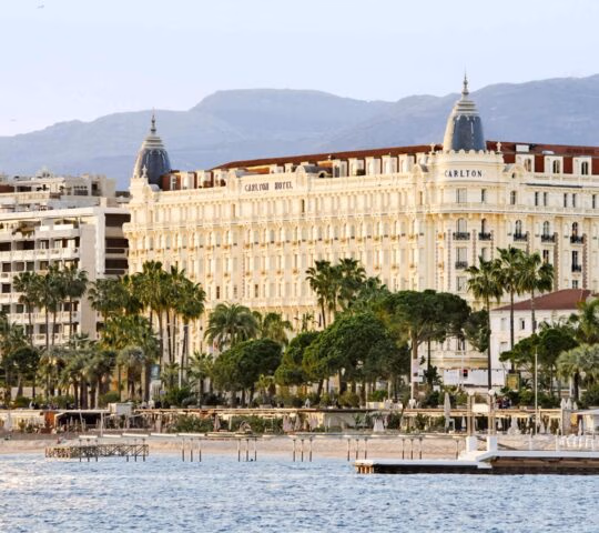 Exterior of the Carlton Cannes from the Mediterranean Sea.