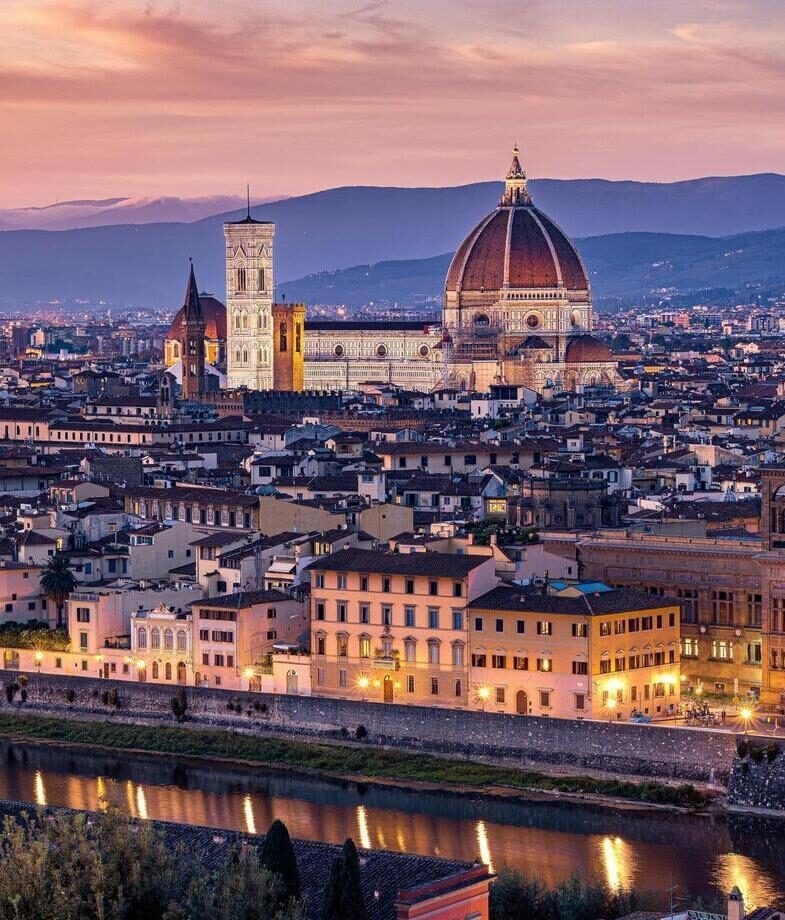 A cobblestone street lined with cafés in Rome’s Trastevere district and a glowing evening view of Florence’s skyline crowned by the Cathedral of Santa Maria del Fiore.