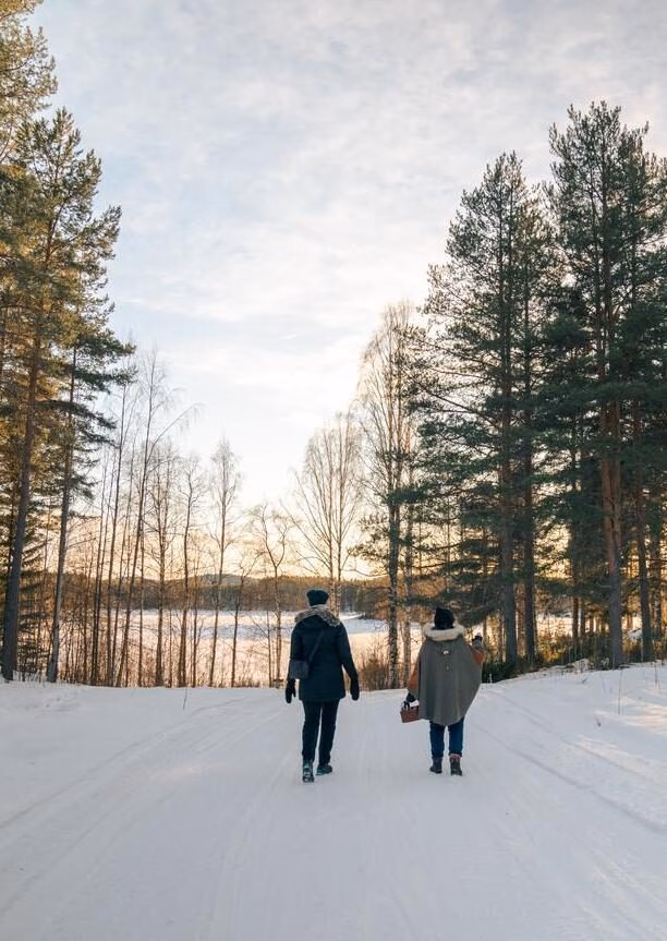 Luxury European Tours - Two people walk in the snow covered forest in Swedish Sápmi