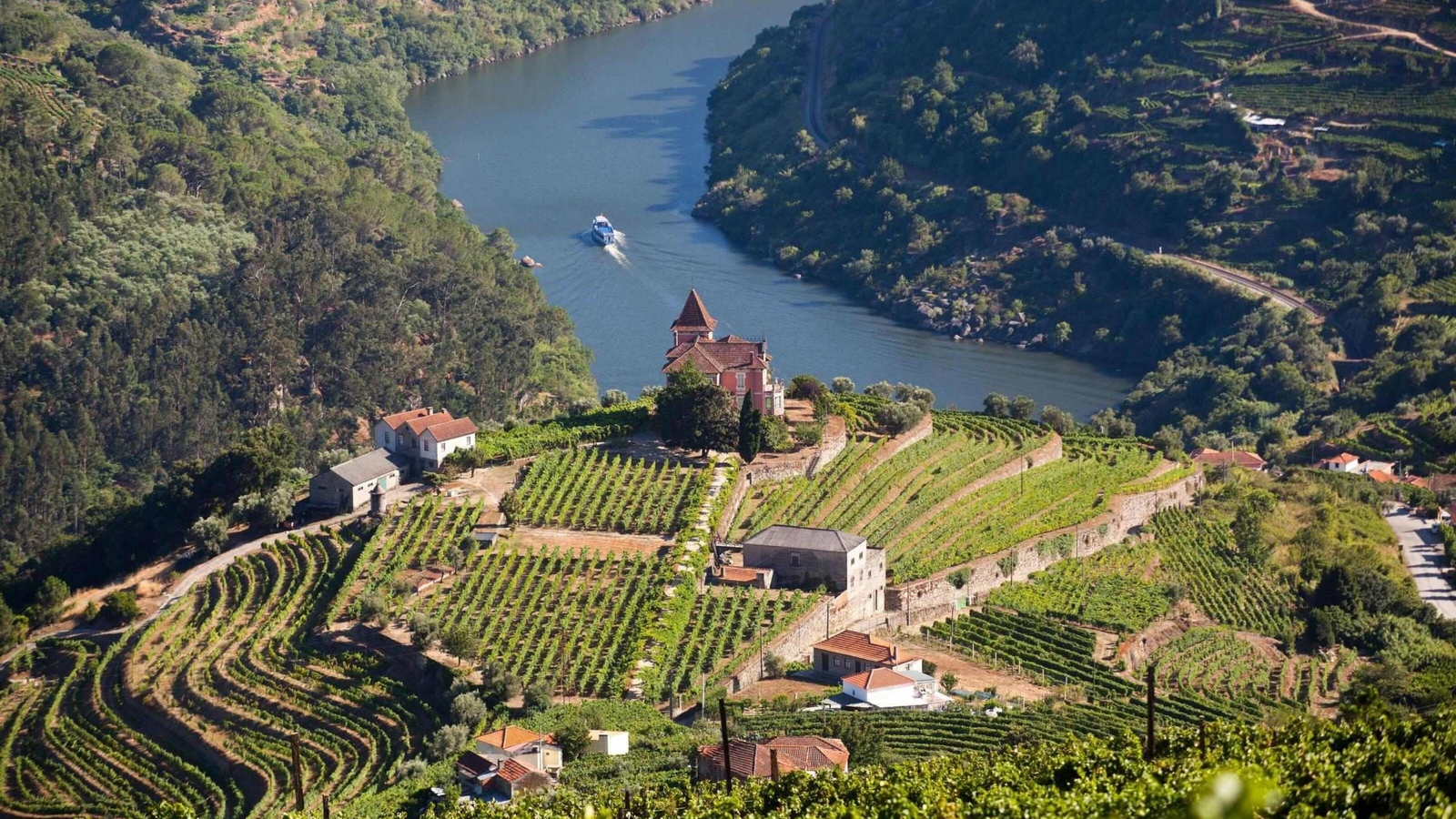 An aerial view of a village in the Douro Valley, Portugal.