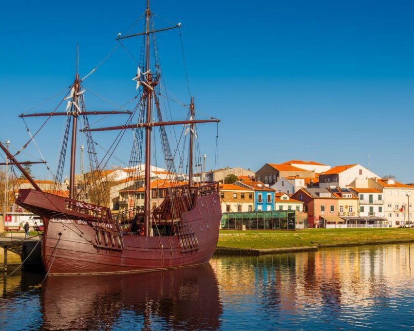A historic ship anchored in Vila do Conde, Portugal.