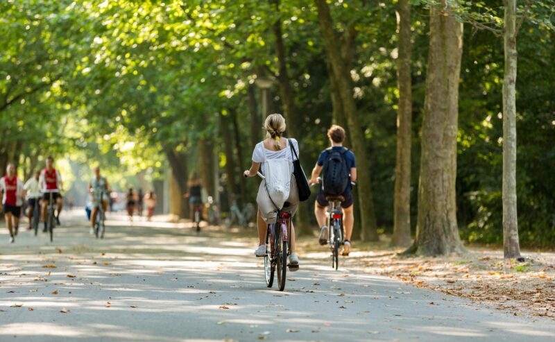A girl and boy biking in the sunny Amsterdam Vondelpark. The Netherlands.
