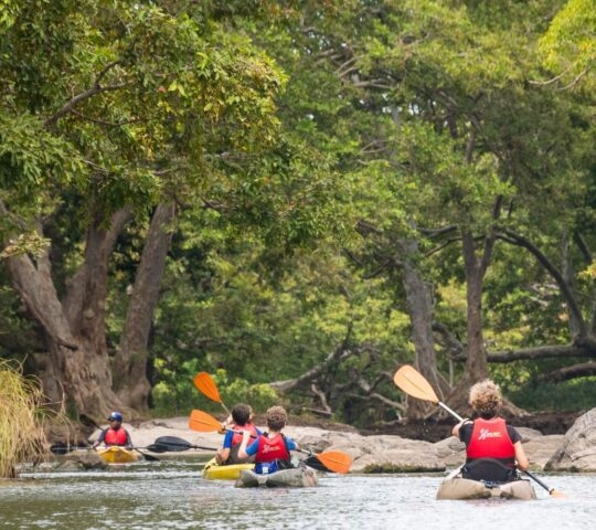 A family kayaking along the Malwathu Oya river in Sri Lanka.