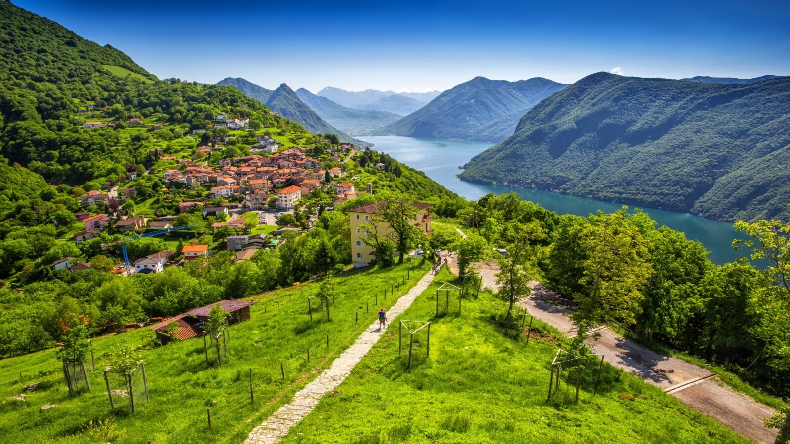 View to Lugano city, Lugano lake and Monte San Salvatore from Monte Bre