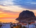 The island town of Monemvasia viewed from the mainland at sunset