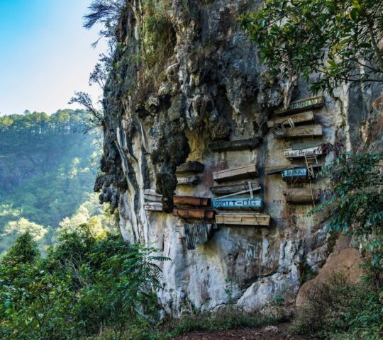 A group of coffins hanging from a cliffside in Borneo's Danum Valley.