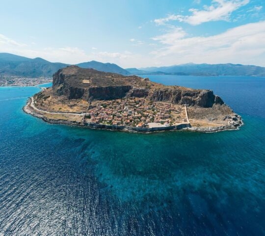 Aerial view of the town of Monemvasia in Greece from the ocean