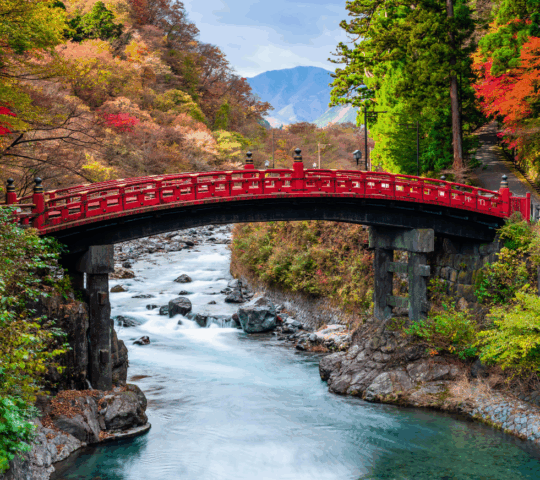 Scenic ;andscape of Shinkyo Bridge surrounded by colourful maple trees in autumn, Japan.