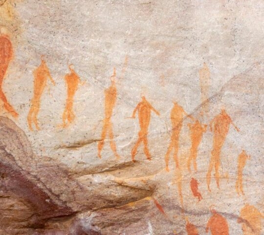 A close-up of ancient San rock art in the Cederberg Mountains, South Africa.