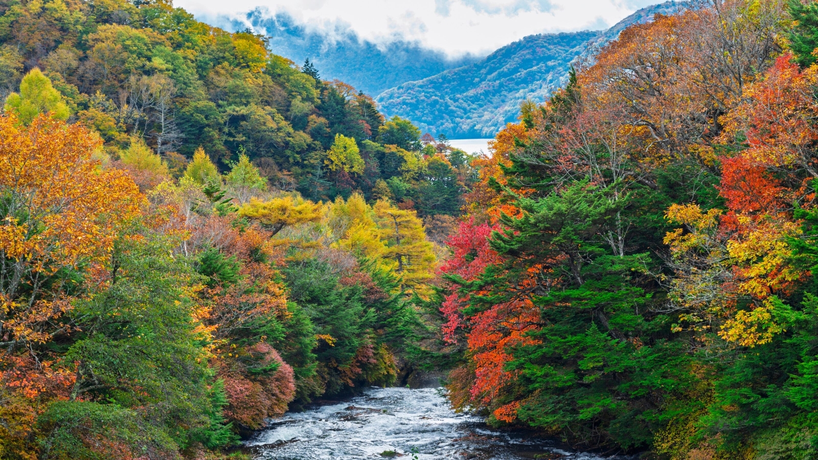 Ryuzu-Waterfall shrouded by autumn leaves in Nikko, Japan.