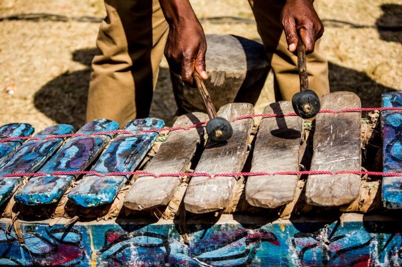 Traditional cultural heritage Mozambican wood xylophone like instrument known as timbila or mbila played with rubber drum sticks \