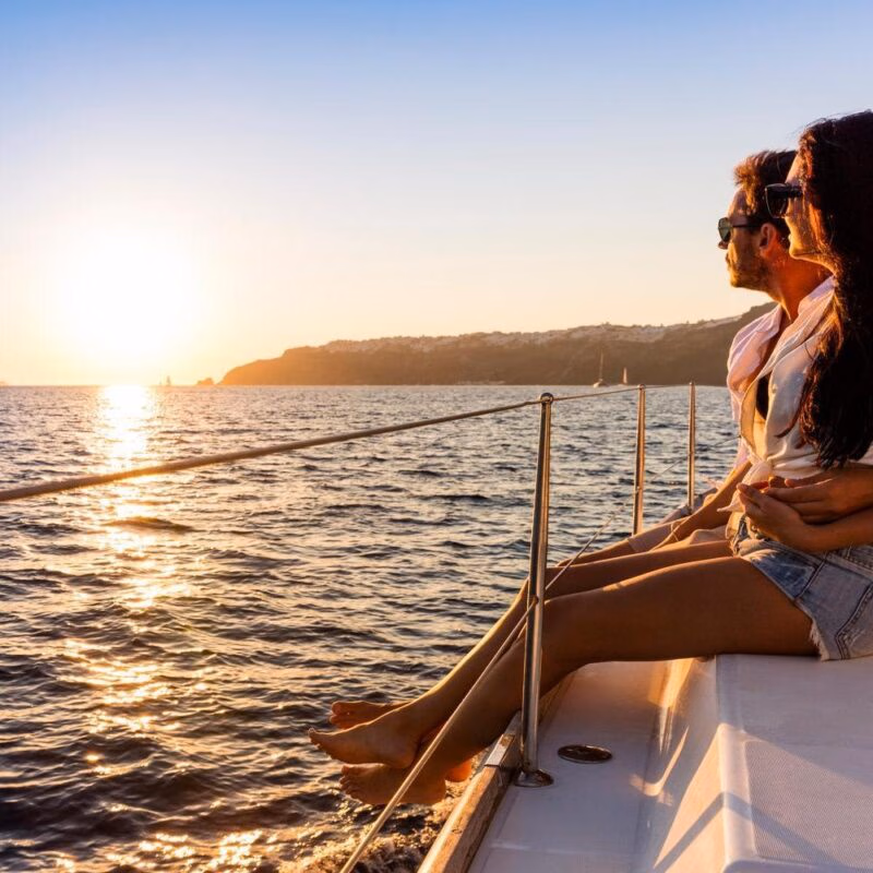 Couple at sunset Santorini, adventure, attractive