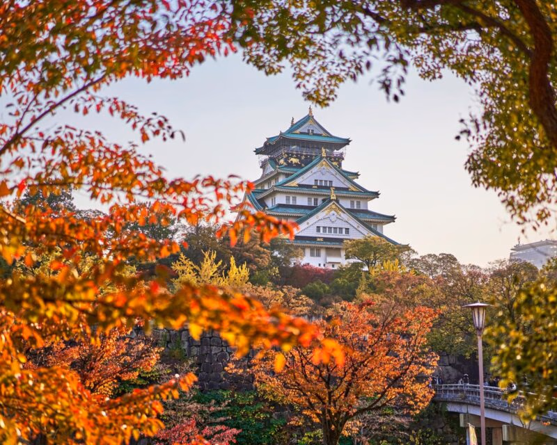 Osaka castle in Japan seen through a frame of autumn leaves