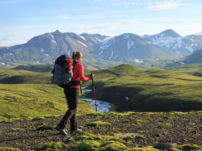 Female hiker on the Laugavegur trail on Iceland.