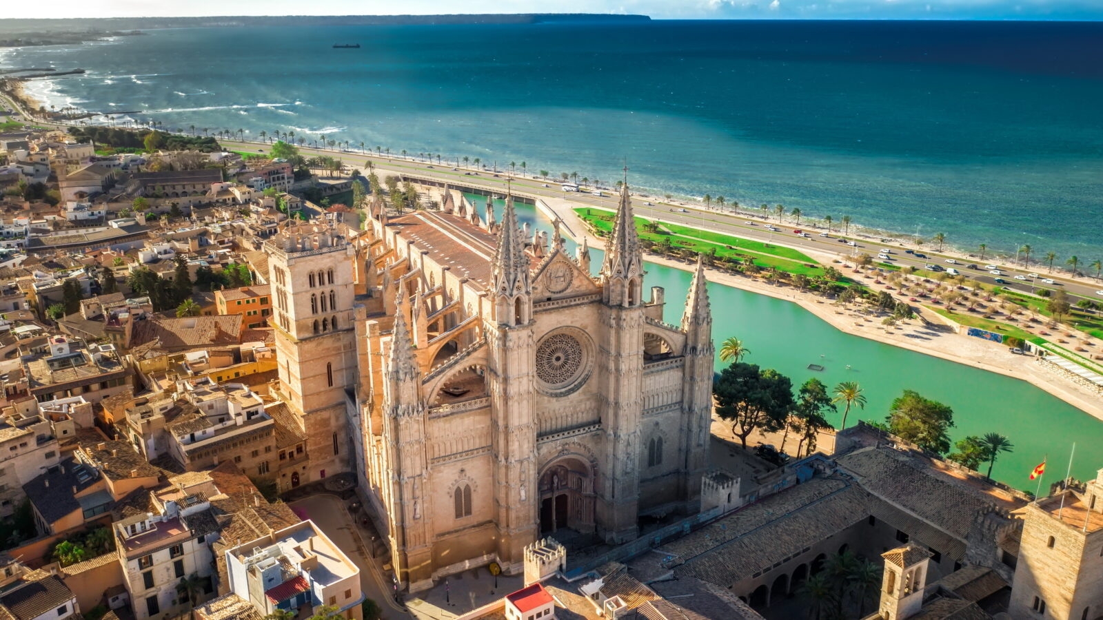 Palma de Mallorca cathedral by the coast in a splendid sunny day