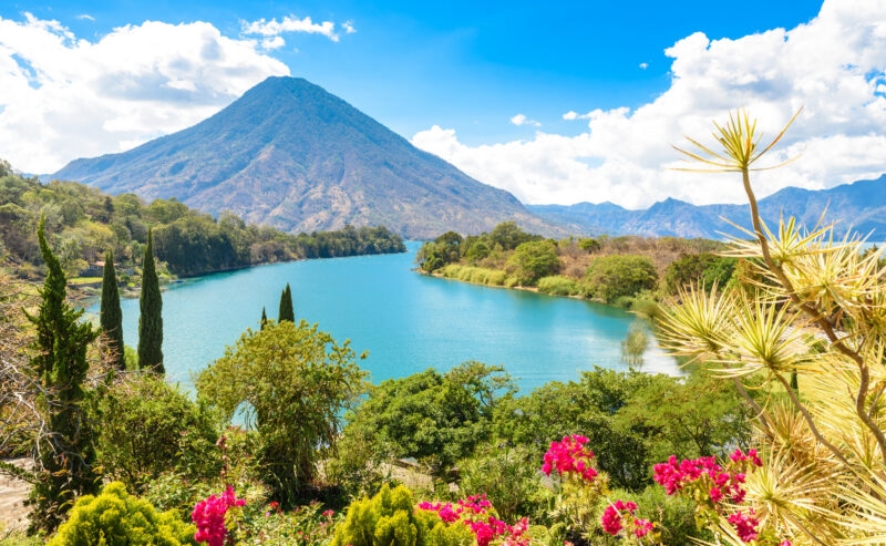 Beautiful bay of Lake Atitlan with view to Volcano San Pedro in