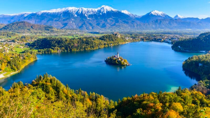 The beautiful lake bled panoramic view Slovenia