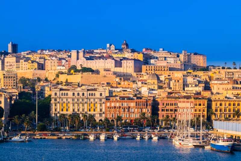 View of the harbour with buildings in the background in Cagliari, Sardinia