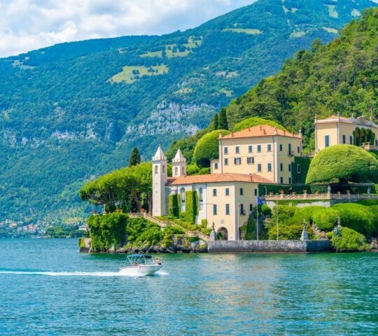 Villa del Balbianello at Lake Como in Italy as seen from the water.