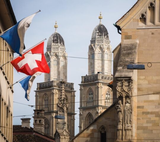 The towers of Grossmunster in Zurich, Switzerland.