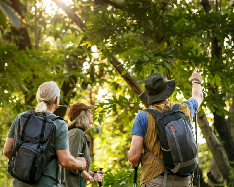 Three people walking through a green forest with sunlight filtering through the canopy.