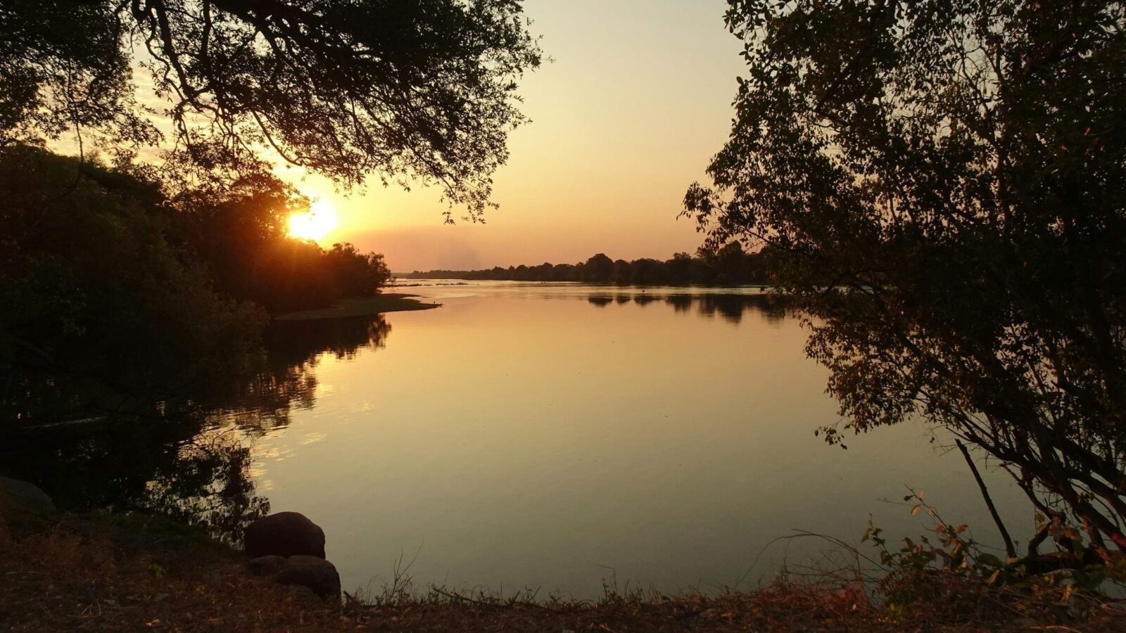 A golden sun setting behind trees on the riverbank, with its light reflecting on the calm surface of the water.