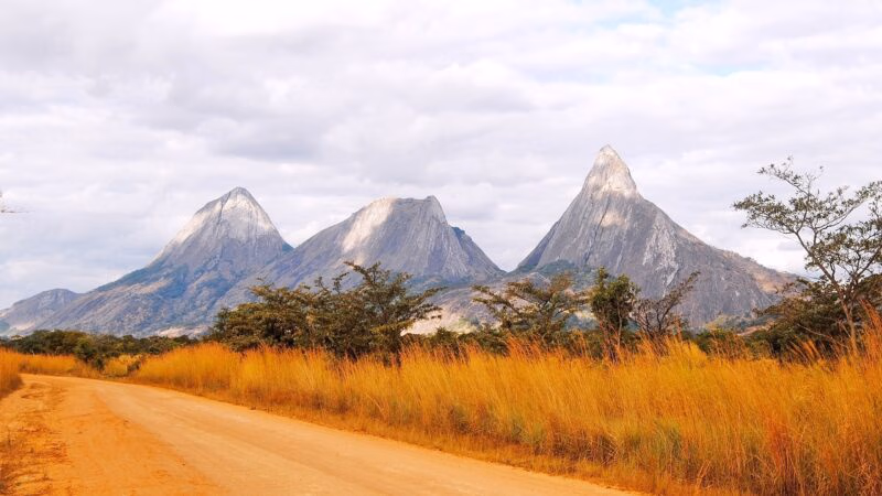 A dirt road winds through tall orange grass toward three dramatic, sharp-peaked granite mountains.