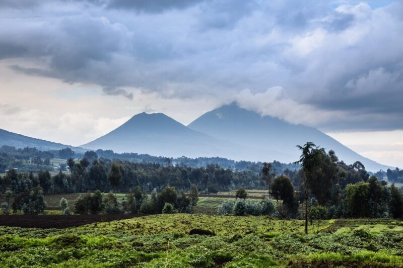 A scenic landscape of green hills and agricultural plots with two massive volcanoes in the background of Virunga National Park.