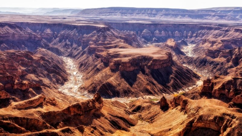 Vast view of deep desert ravines, plateaus, and jagged rock formations under bright sunlight.