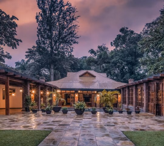 Stone path leading to the Arusha Coffee Lodge reception under a purple sunset sky with potted plants and trees.
