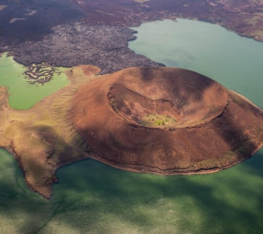 Aerial view of a volcanic crater in Lake Turkana