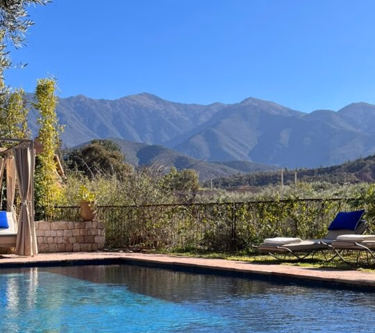 A luxury swimming pool with blue cushioned loungers and a cabana overlooking the Atlas Mountains in Morocco.