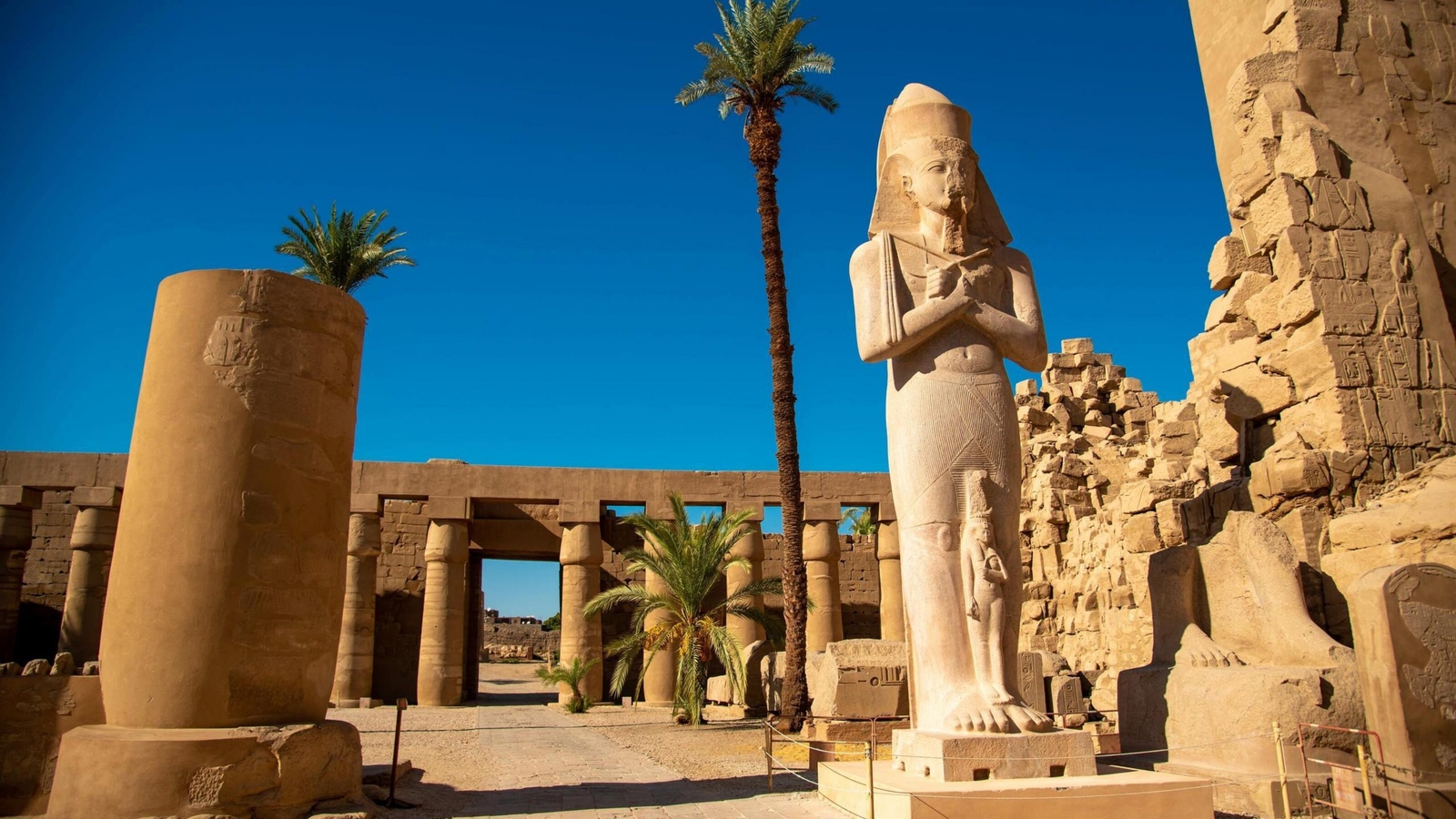 A large stone Pharaoh statue stands amidst the ancient ruins and palm trees of Karnak Temple in Egypt.