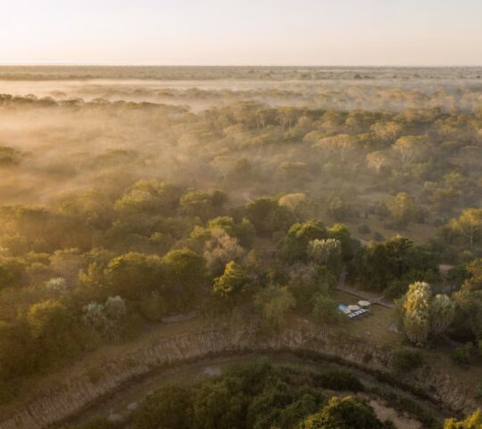 Aerial view of a safari lodge nestled in a lush forest covered in golden morning mist by a winding river.