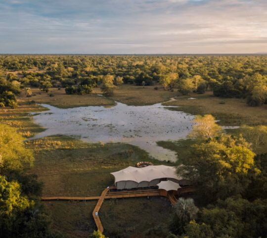 Aerial view of Chicari Camp in Gorongosa National Park
