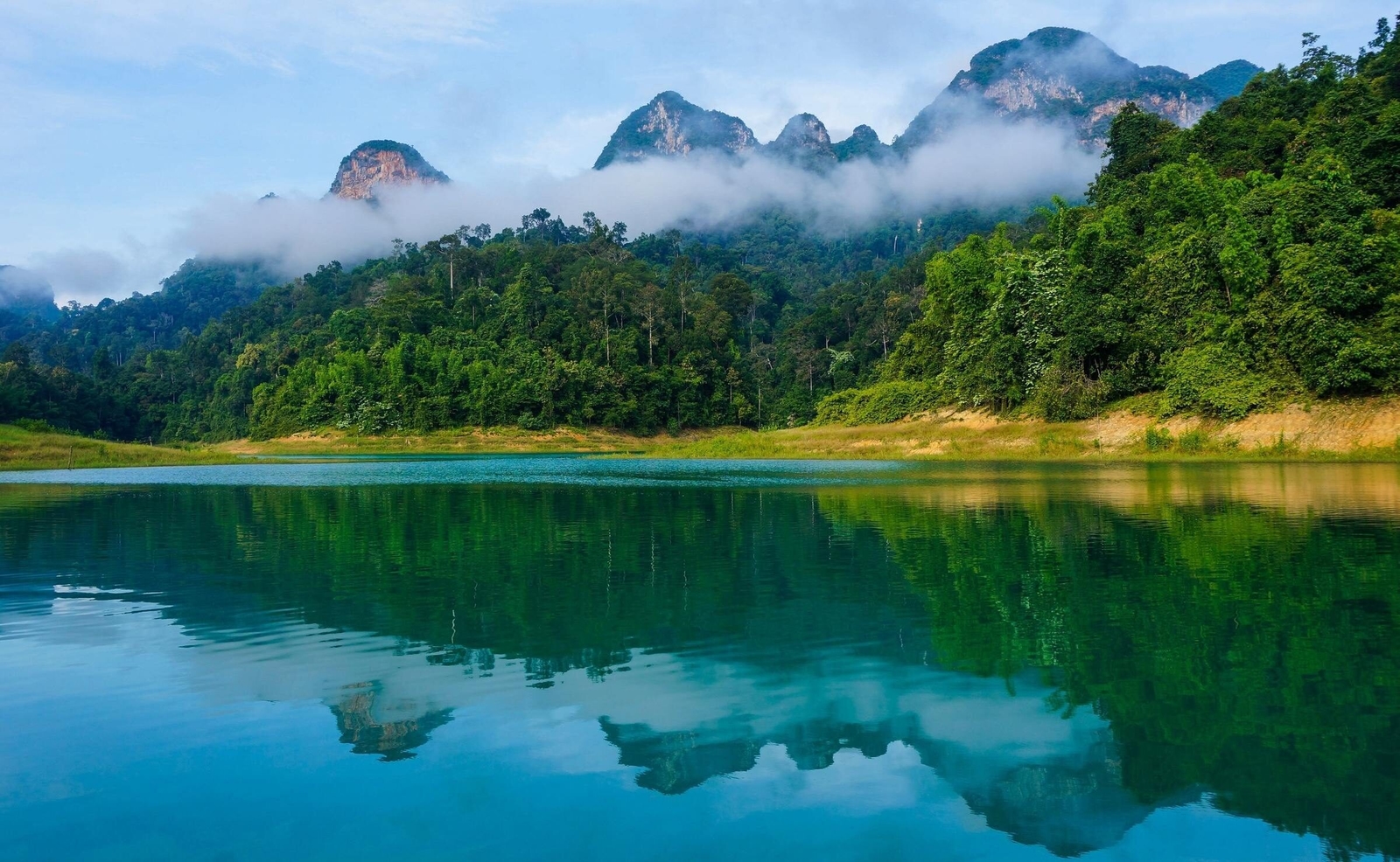 Misty mountains and trees reflected in the water on Cheow Larn lake in Thailand