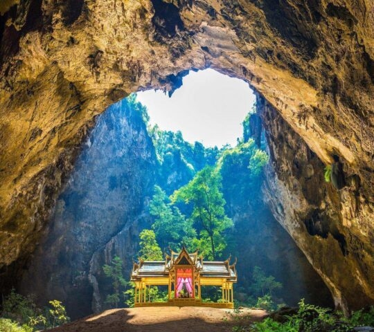 Sunlight shining on the Royal Pavilion inside the Phraya Nakhon cave in Thailand