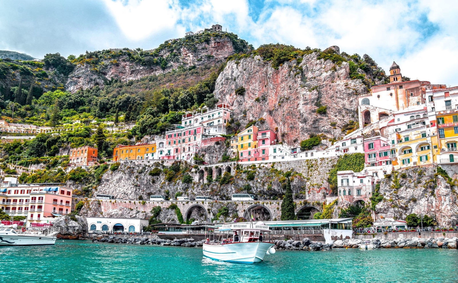 Colourful houses on a cliff in the Amalfi Coast