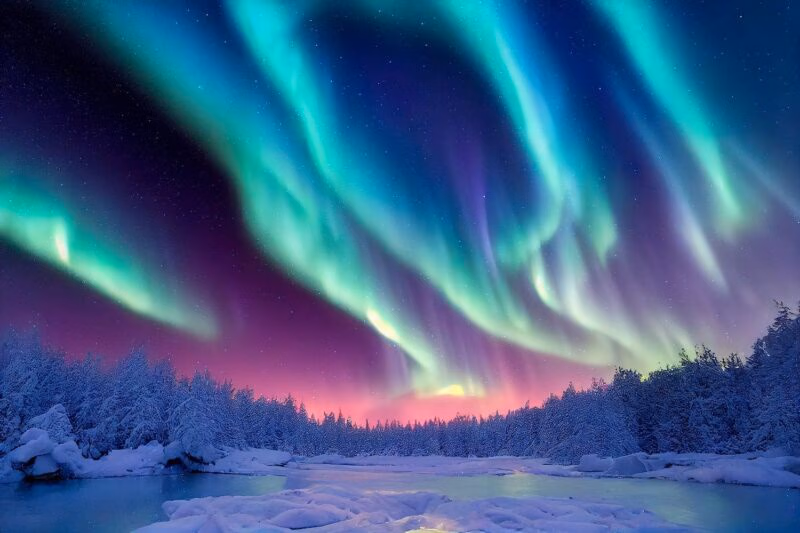 A bright display of purple and green northern lights Norway over a snowy landscape with a frozen river and trees.