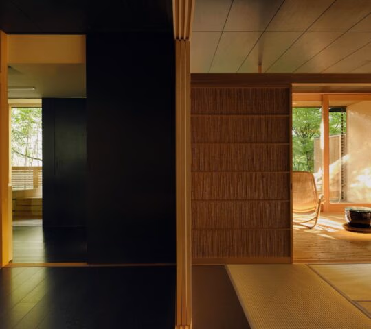 Minimalist Japanese suite with dark floors, tatami mats, and a bright terrace overlooking a garden.
