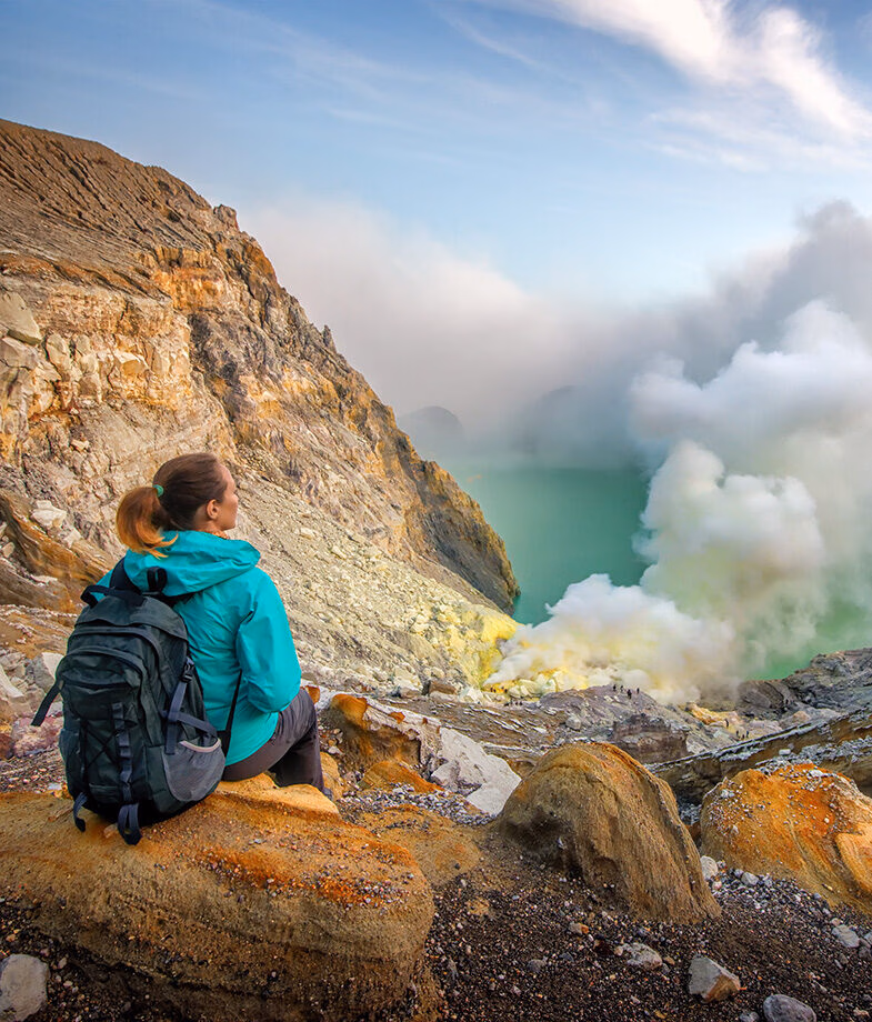Gazing out over the crater on Mount Ijen in Java, Indonesia, and going sea kayaking in Thailand.