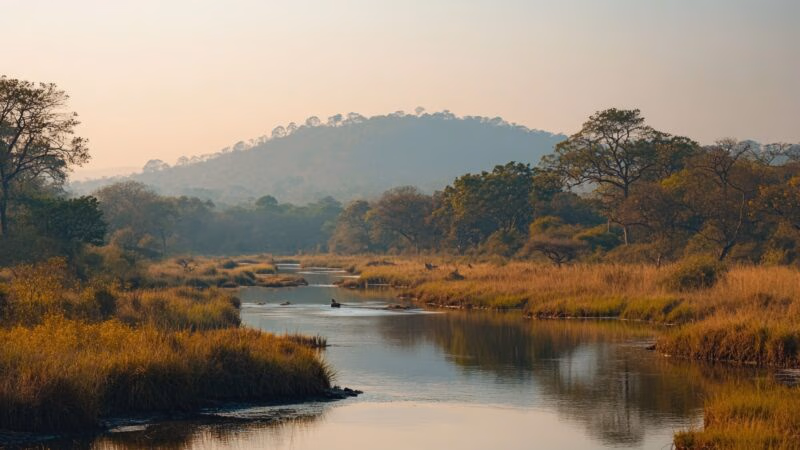 A calm river flowing through a grassy, forested landscape under a hazy sky.