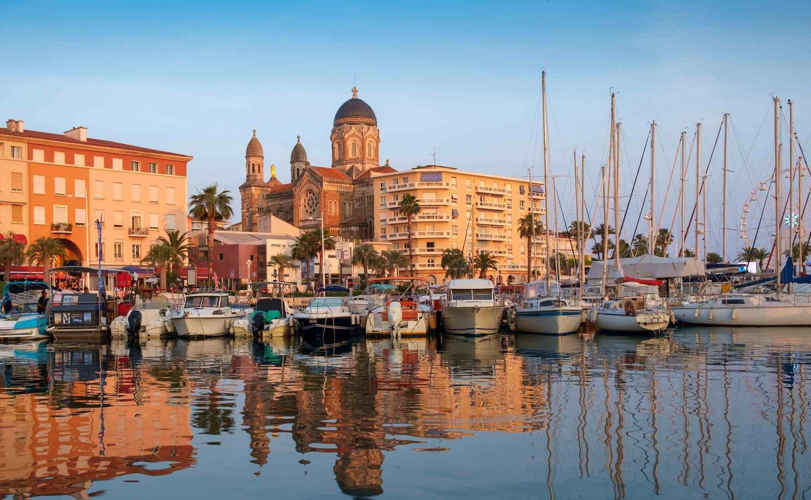 A small harbour with boats in the town of Saint-Raphael on the French Riviera